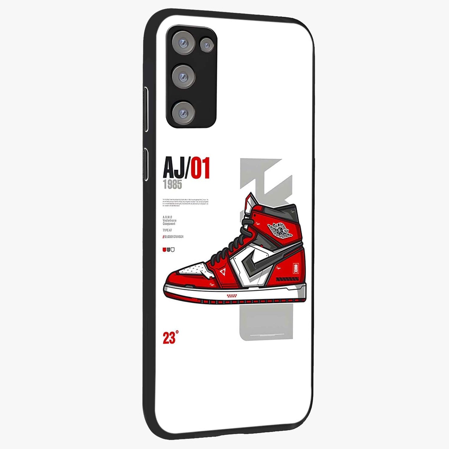 Retro Sneaker Blueprint Glass Case upright view showcasing stylish sneaker illustration with vintage streetwear theme.