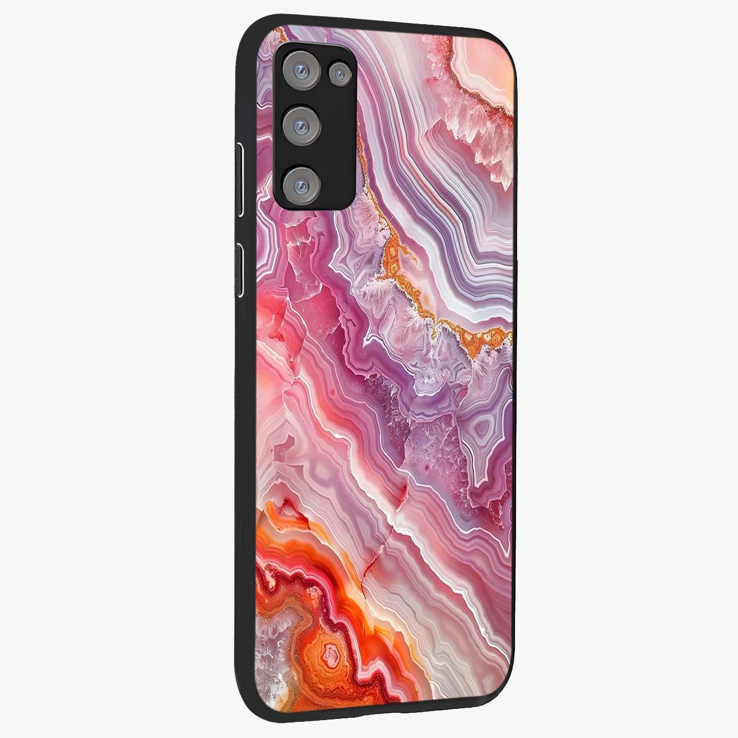 Rose Quartz Marble Glass Case upright view showcasing decorative marble artwork with luxurious pastel theme.