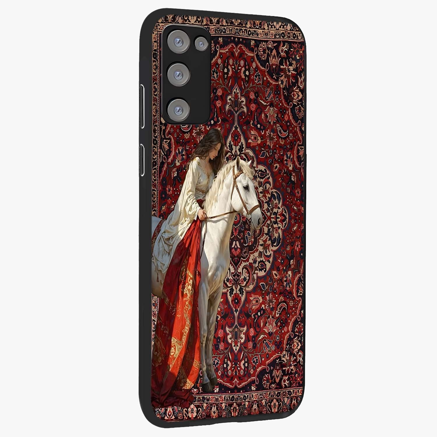 Royal Rider Tapestry Glass Case upright view showcasing detailed rider artwork with classic tapestry theme.