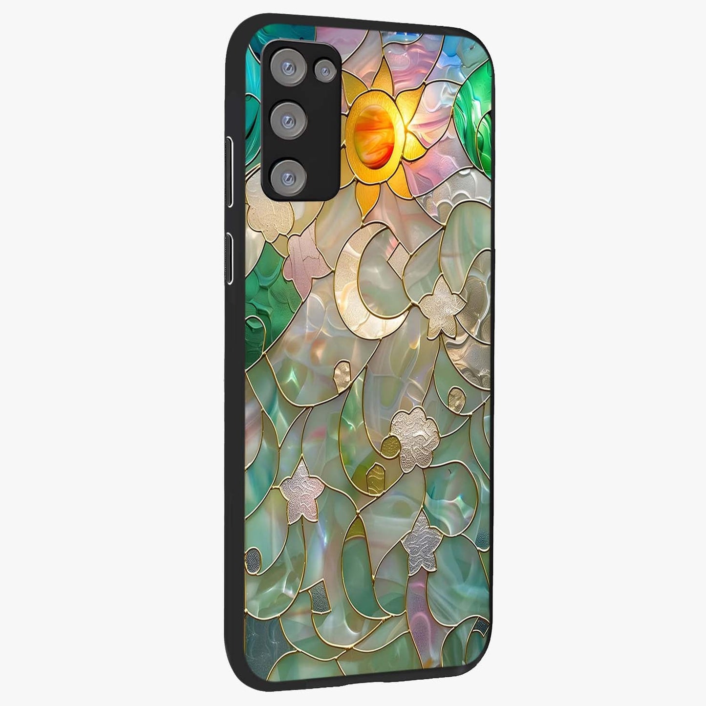 Stained Sunrise Glow Glass Case upright view showcasing colorful sunrise artwork with warm morning theme.