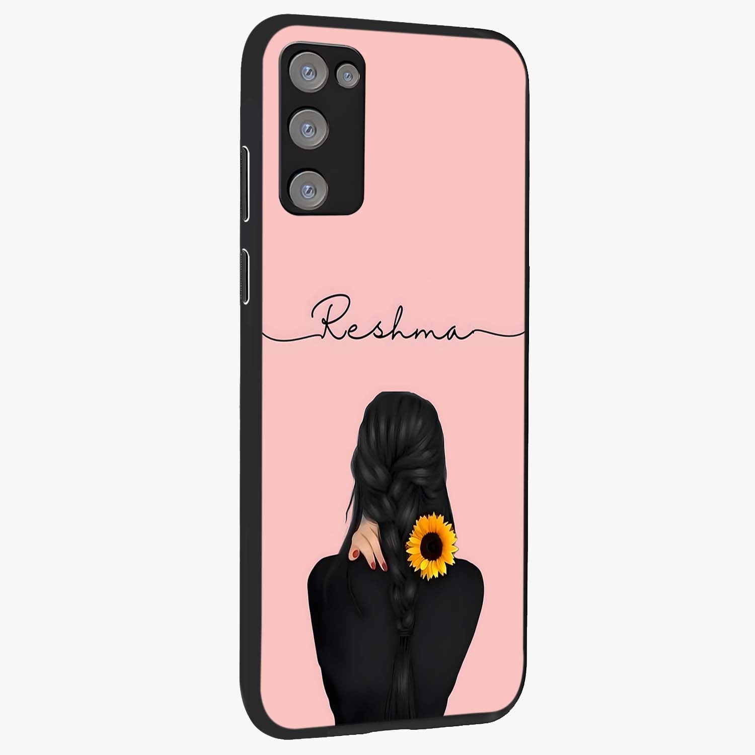 Sunflower Braid Beauty With Custom Name Glass Case upright view showcasing bright sunflower artwork with personalized floral aesthetic.