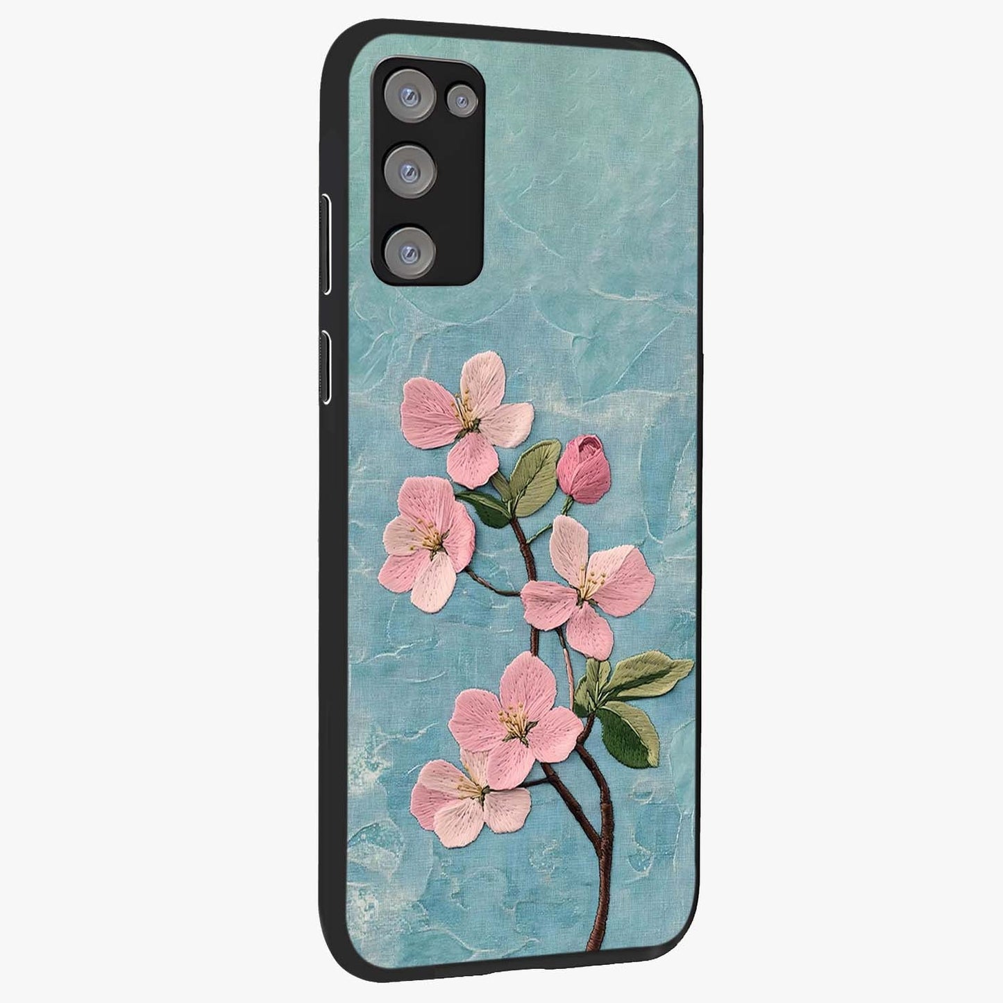 Threaded Blossom Breeze Glass Case upright view showcasing graceful flower artwork with calm botanical theme.