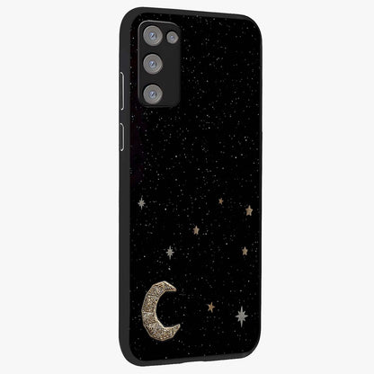 Twinkle Star With Half Moon Glass Case upright view showcasing glowing cosmic artwork with dreamy night theme.