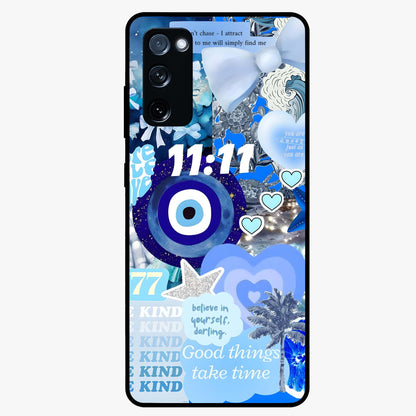Aesthetic Be Kind Eye Glass Case showing flat back view with motivational eye artwork and glossy glass finish.