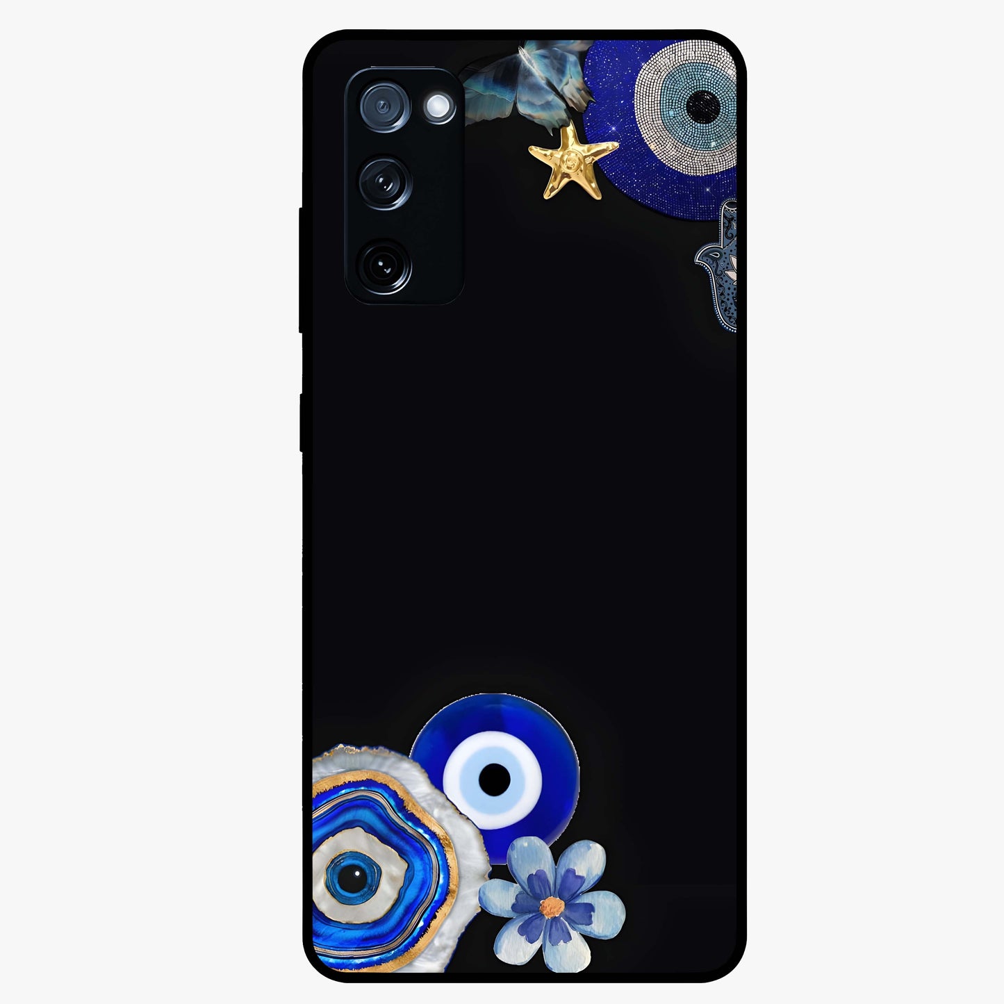 Aesthetic Blue Evil Eye Glass Case showing flat back view with protective evil eye artwork and glossy glass finish.