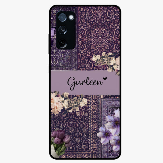 Antique Floral Whisper Custom Name Glass Case showing flat back view with vintage floral artwork and personalized name design.
