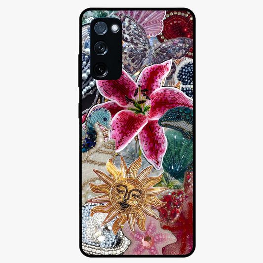 Beaded Garden Fantasy Glass Case showing flat back view with dreamy garden bead artwork and glossy glass finish.