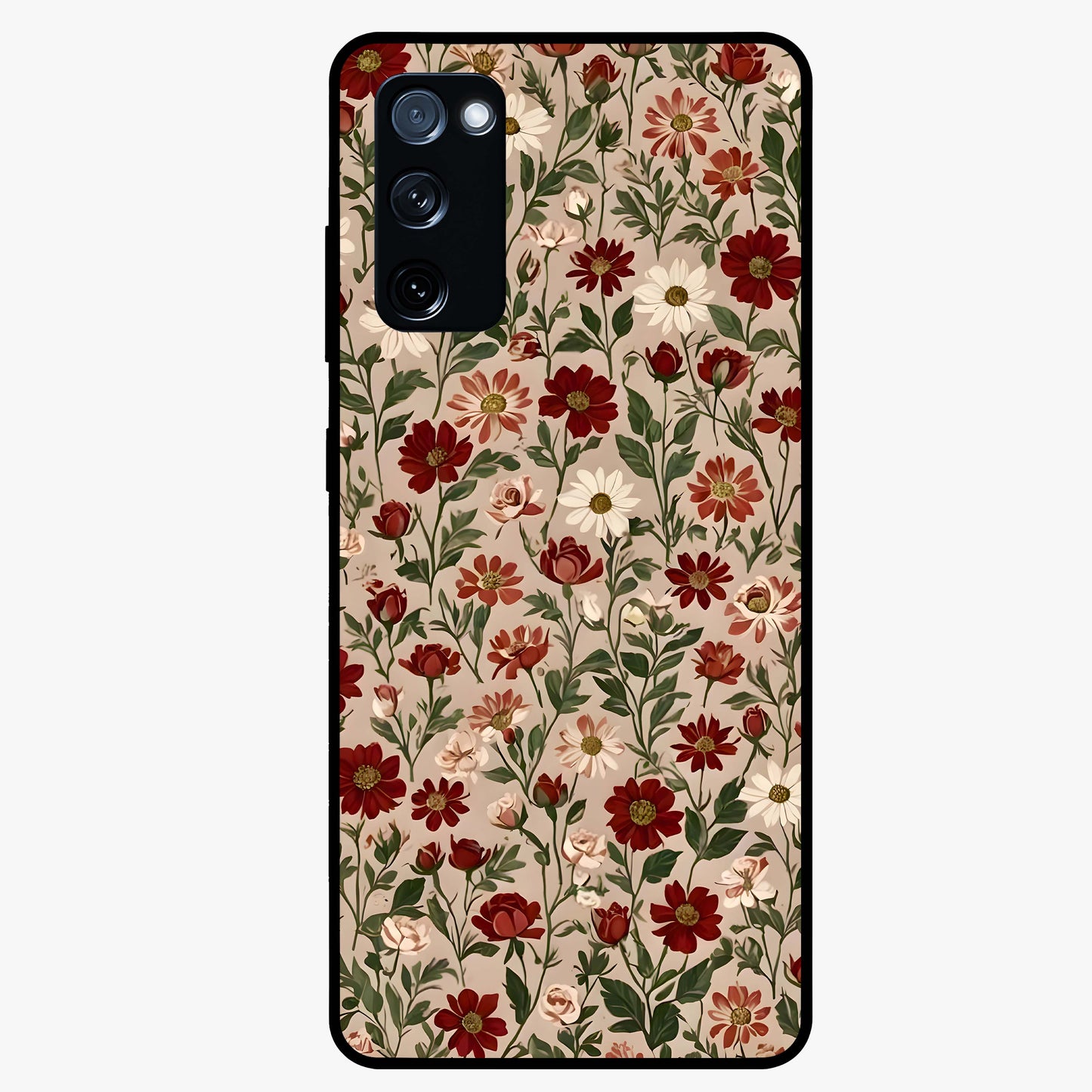 Biege Flower With Leaf Glass Case showing flat back view with soft beige floral artwork and glossy glass finish.