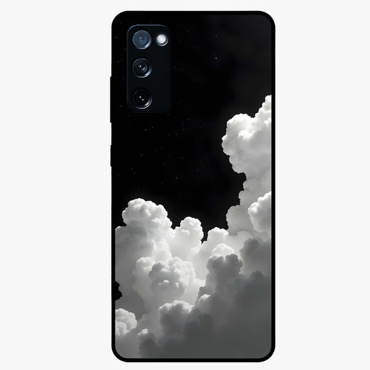 Black Background With White Cloud Glass Case showing flat back view with minimal cloud artwork on dark background and glossy glass finish.