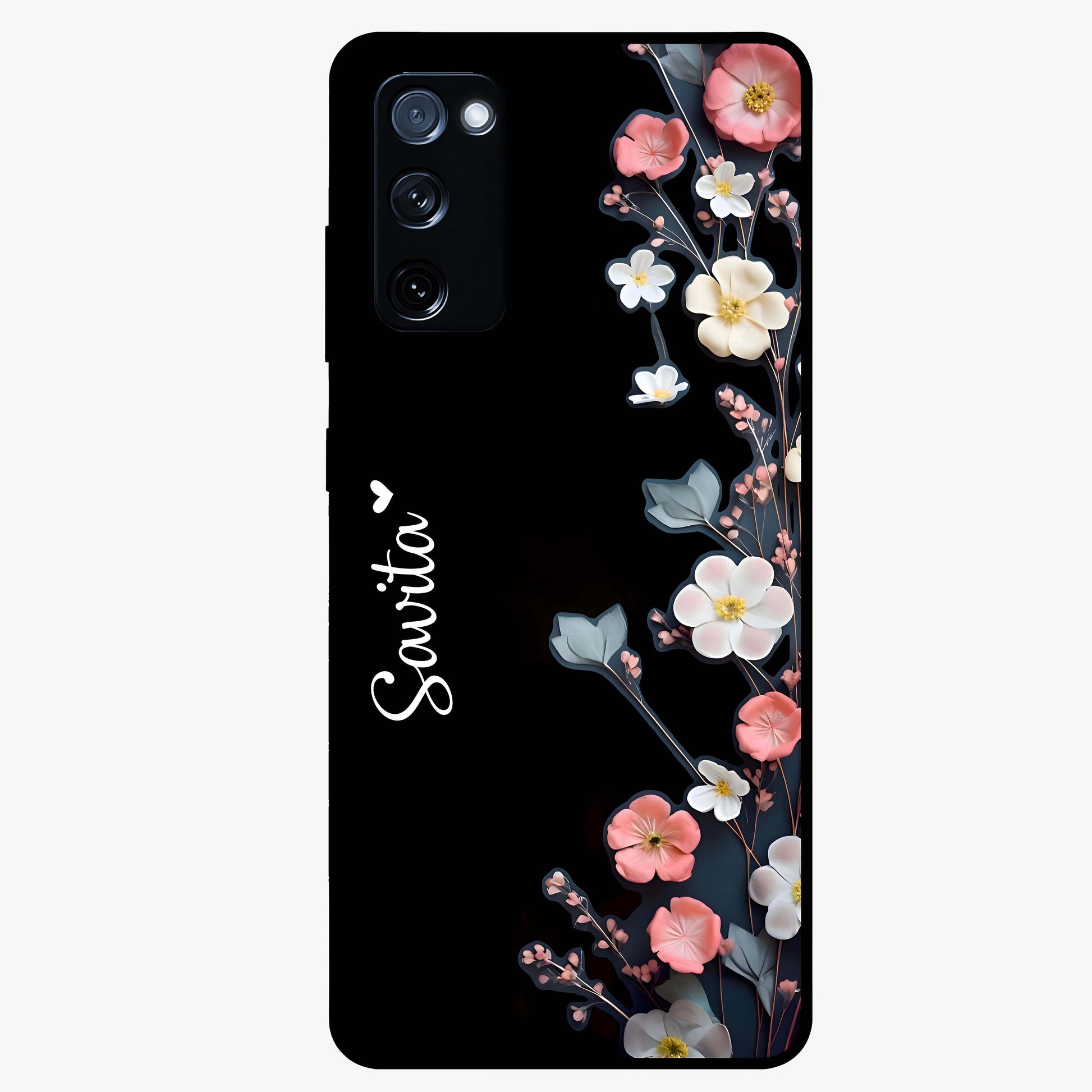 Black Elegance Floral Custom Name Glass Case showing flat back view with elegant floral artwork and personalized name design.