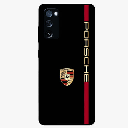 Black Minimal Porsche Glass Case showing flat back view with sleek minimal sports car artwork and glossy glass finish.