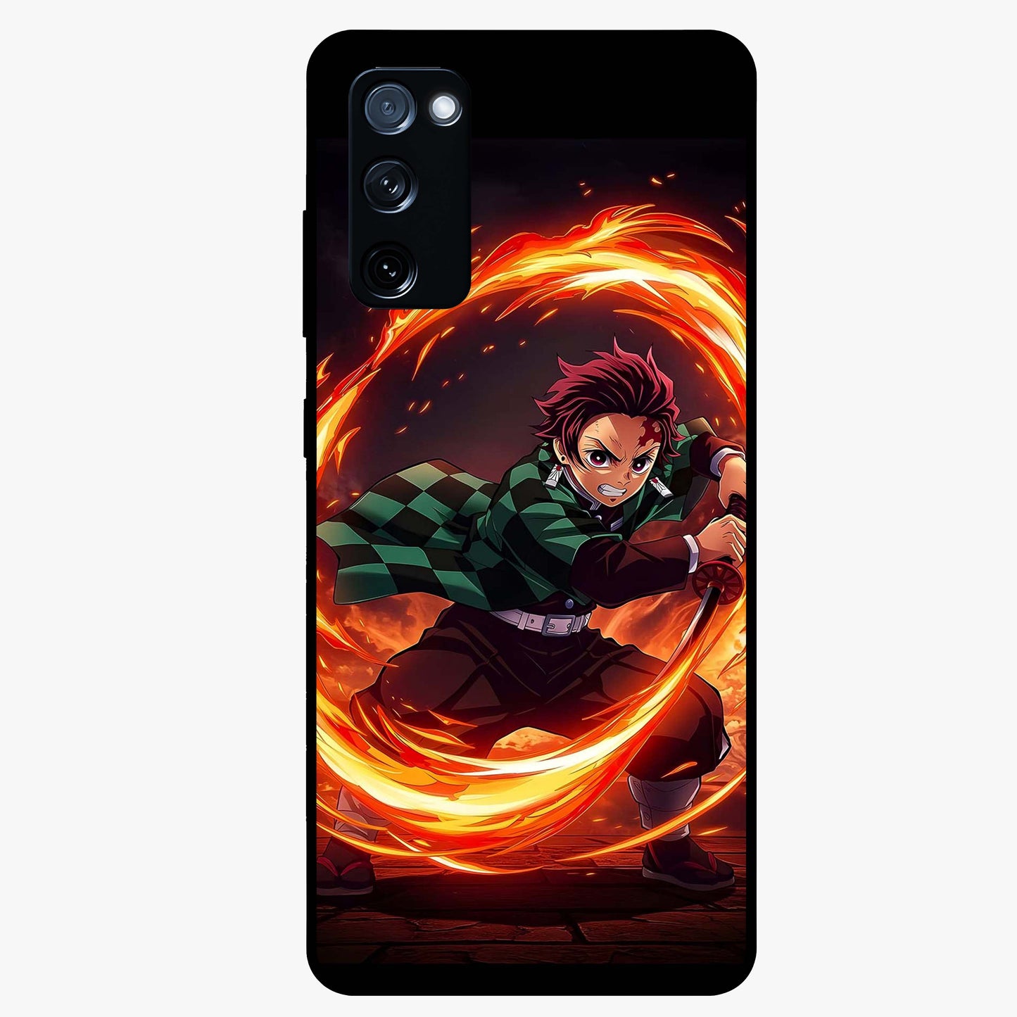Blazing Sword Resolve Glass Case showing flat back view with fiery sword artwork and glossy glass finish.