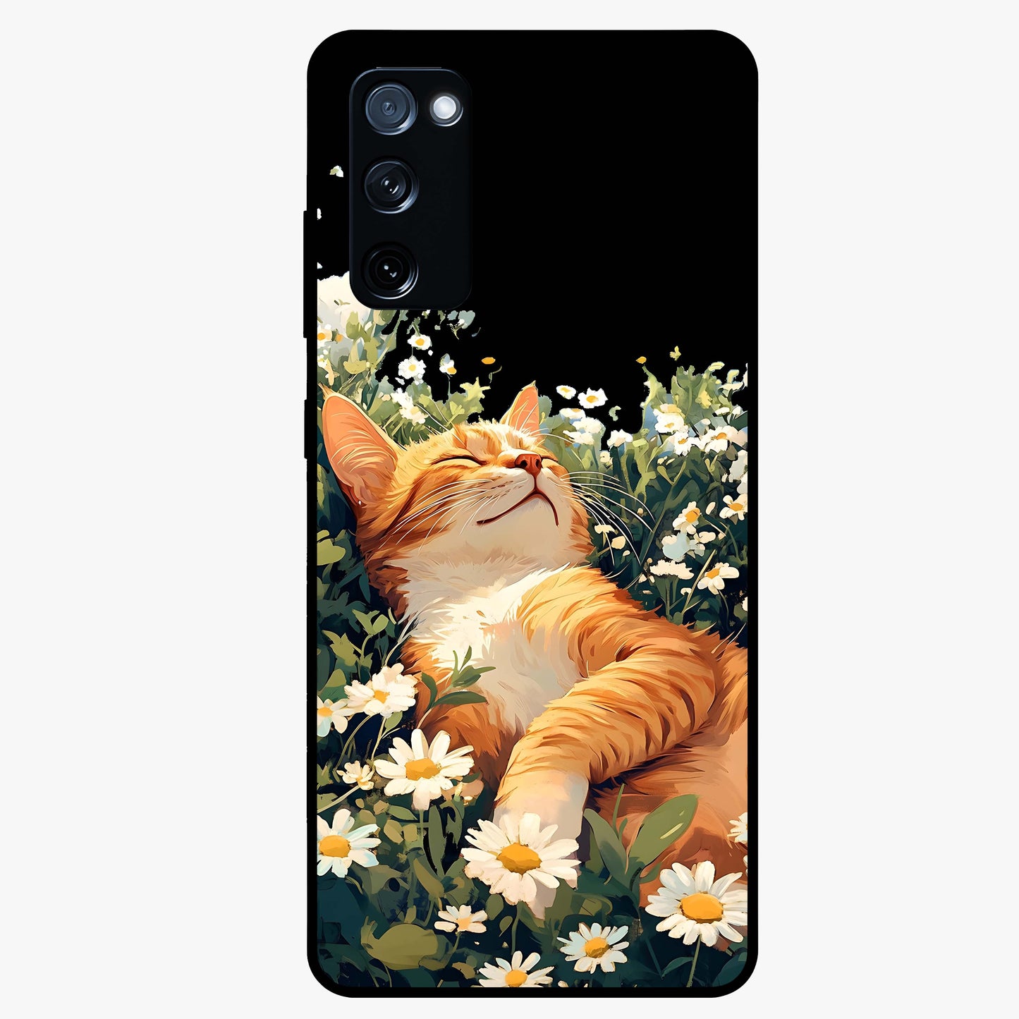 Blissful Bloom Cat Glass Case showing flat back view with cute cat and floral bloom artwork and glossy glass finish.