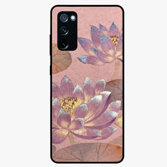 Blossom Mist Lotus Glass Case showing flat back view with serene lotus blossom artwork and glossy glass finish.