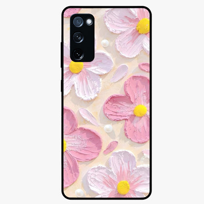 Blush Bloom Texture Glass Case showing flat back view with soft blush floral texture artwork and glossy glass finish.