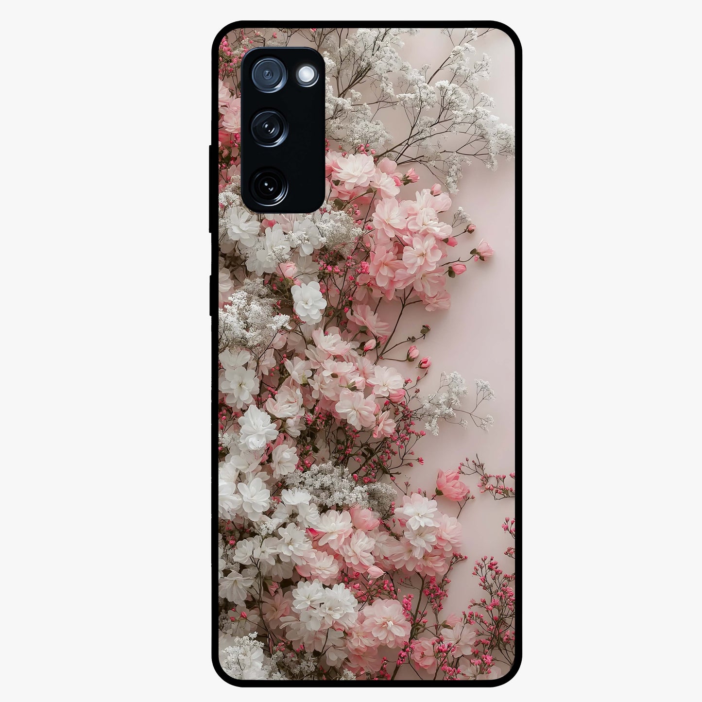 Blush Blossom Cloud Glass Case showing flat back view with dreamy blush cloud blossom artwork and glossy glass finish.