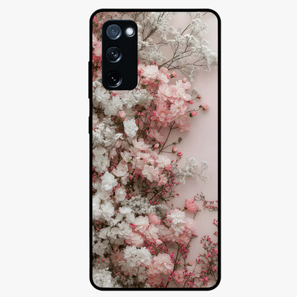 Blush Blossom Cloud Glass Case showing flat back view with dreamy blush cloud blossom artwork and glossy glass finish.