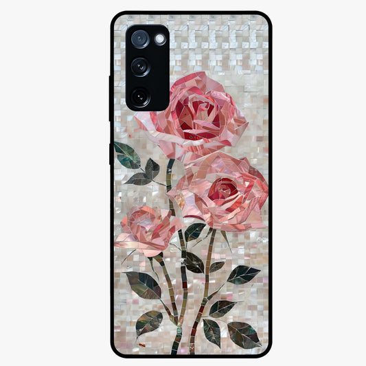 Blush Mosaic Bloom Glass Case showing flat back view with mosaic floral bloom artwork and glossy glass finish.