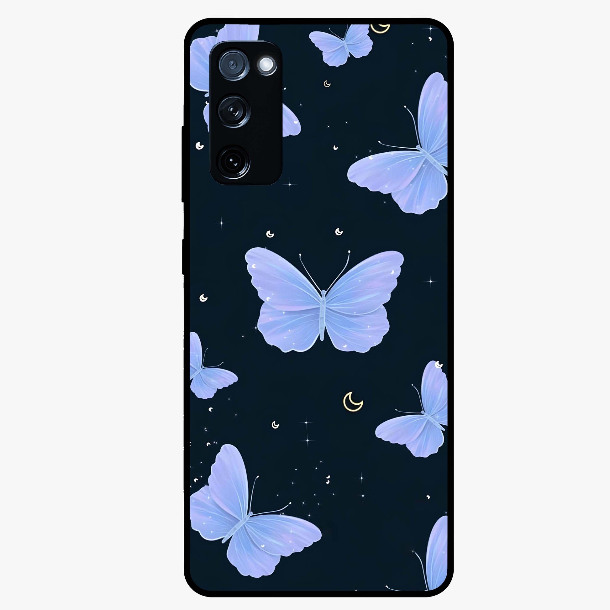 Butterfly With Stars Pattern Glass Case showing flat back view with butterfly and star pattern artwork and glossy glass finish.