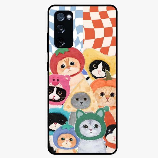 Cats in Fruits Glass Case showing flat back view with playful cat illustrations inside fruit artwork and glossy glass finish.