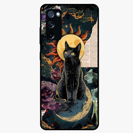 Celestial Black Cat Glass Case showing flat back view with mystical black cat artwork and glossy glass finish.