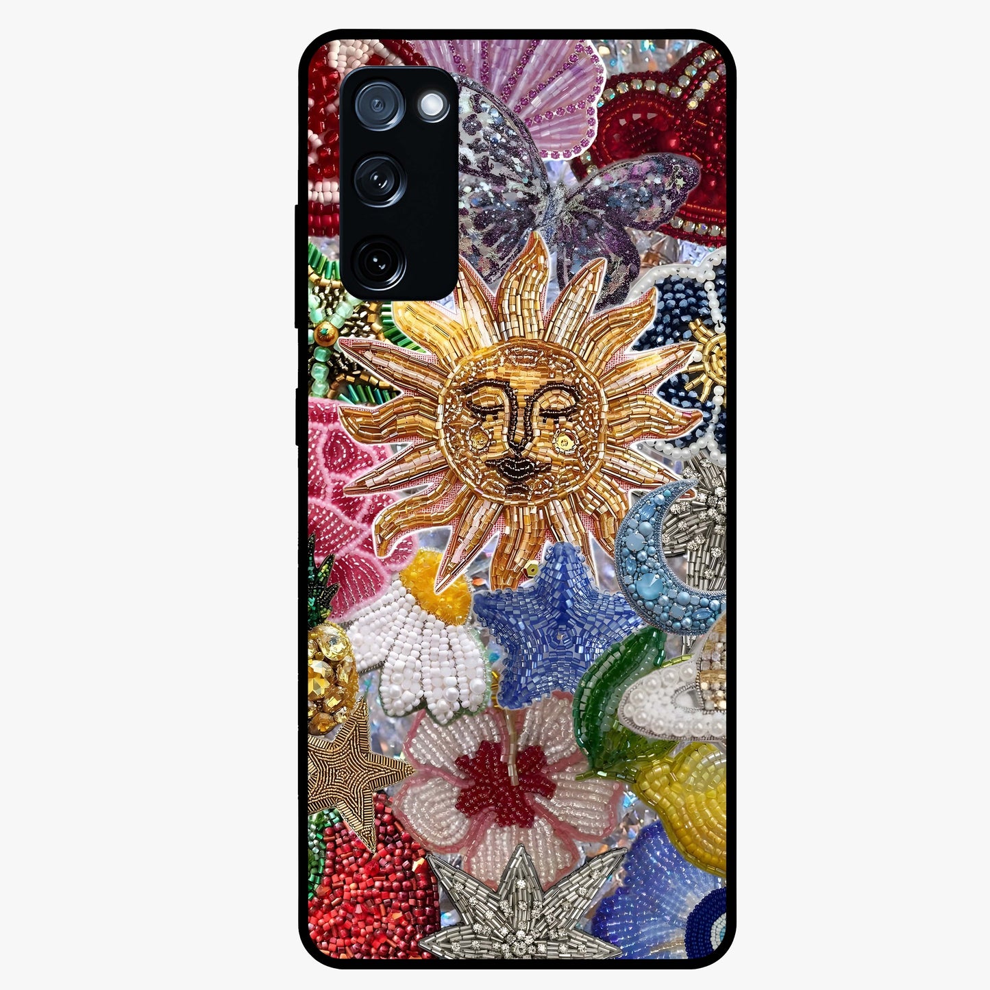 Celestial Floral and Playful Glass Case showing flat back view with floral and celestial themed artwork and glossy glass finish.