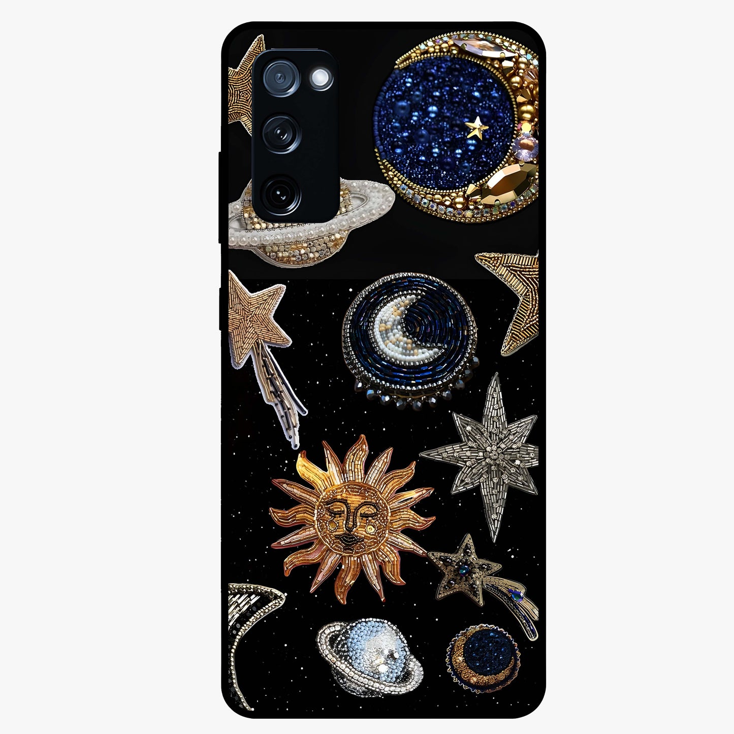 Celestial Gem Constellations Glass Case showing flat back view with sparkling constellation artwork and glossy glass finish.