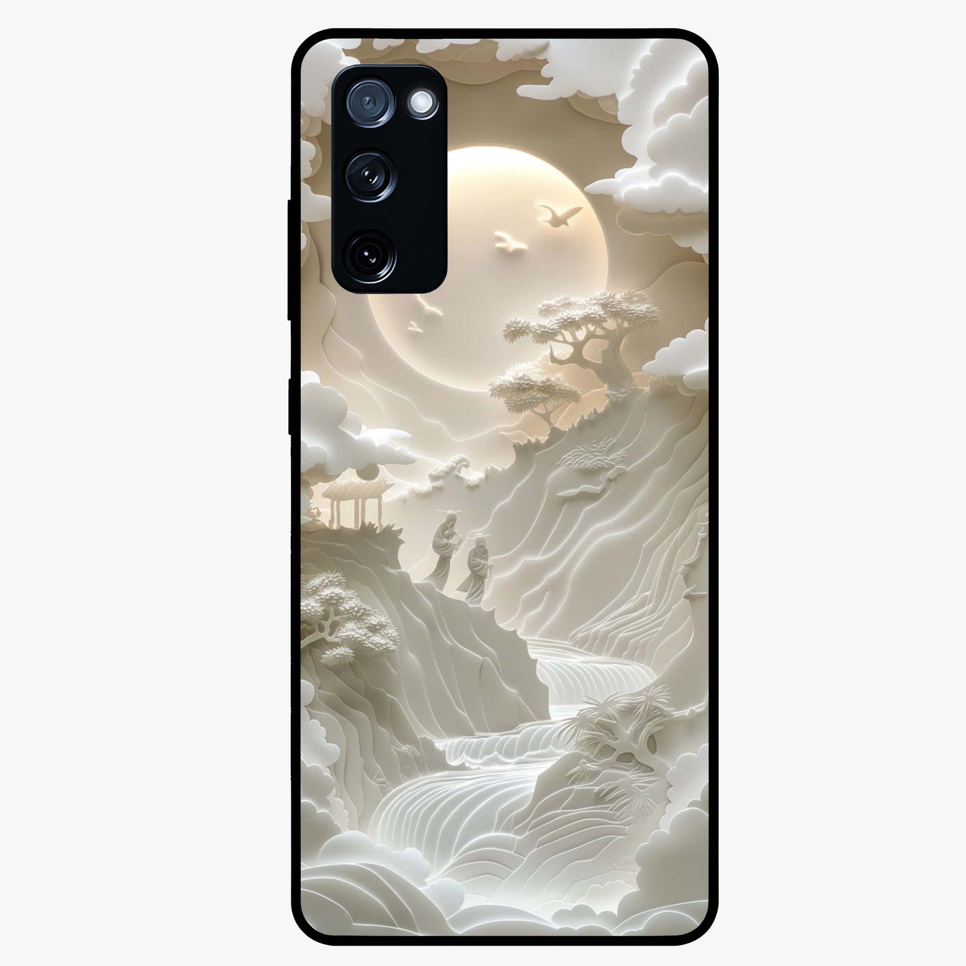 Celestial Origami Glass Case showing flat back view with artistic origami inspired celestial artwork and glossy glass finish.