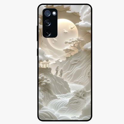 Celestial Origami Glass Case showing flat back view with artistic origami inspired celestial artwork and glossy glass finish.