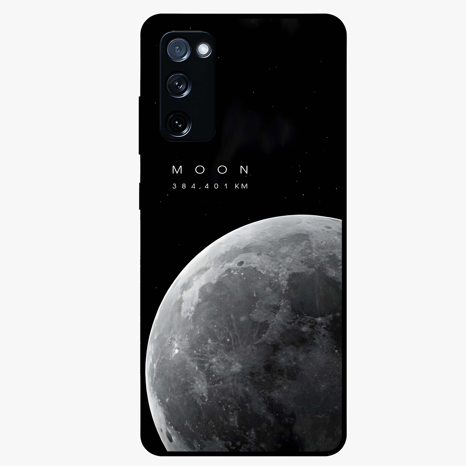 Cosmic Moon Glow Glass Case showing flat back view with glowing moon artwork and glossy glass finish.