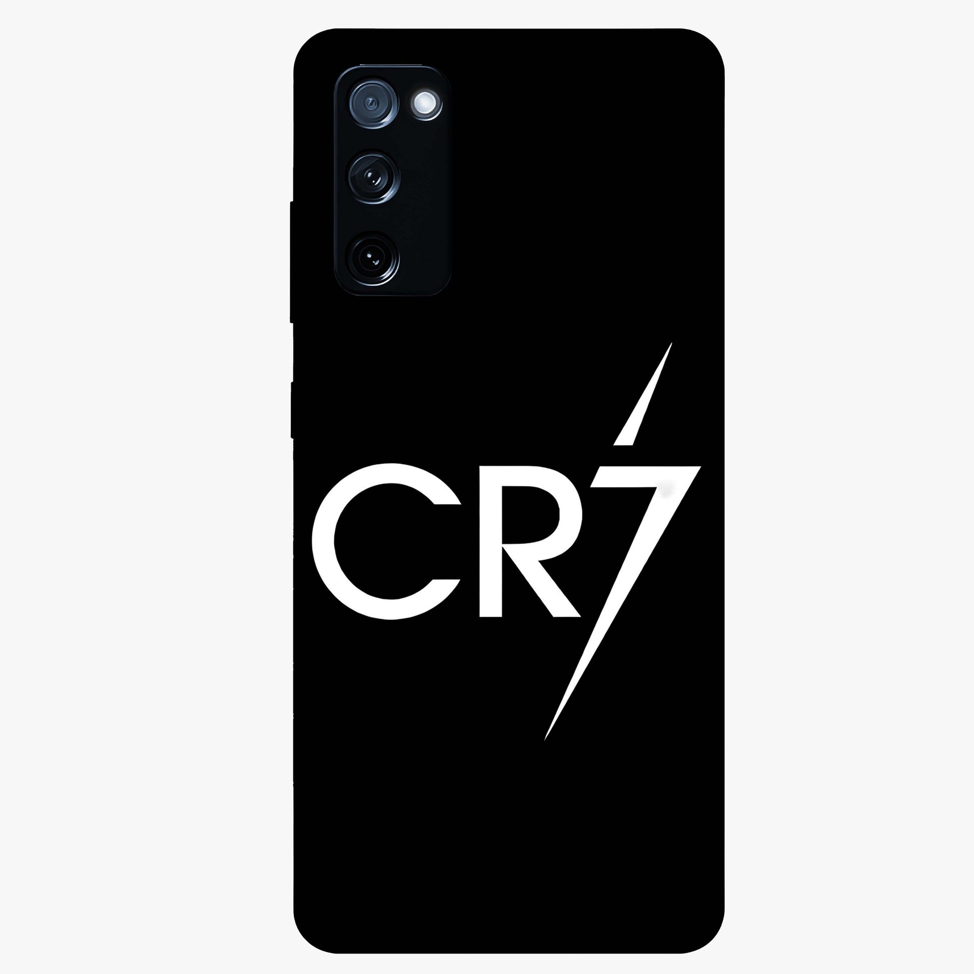 Cr7 Elite Strike Glass Case showing flat back view with dynamic football inspired artwork and glossy glass finish.