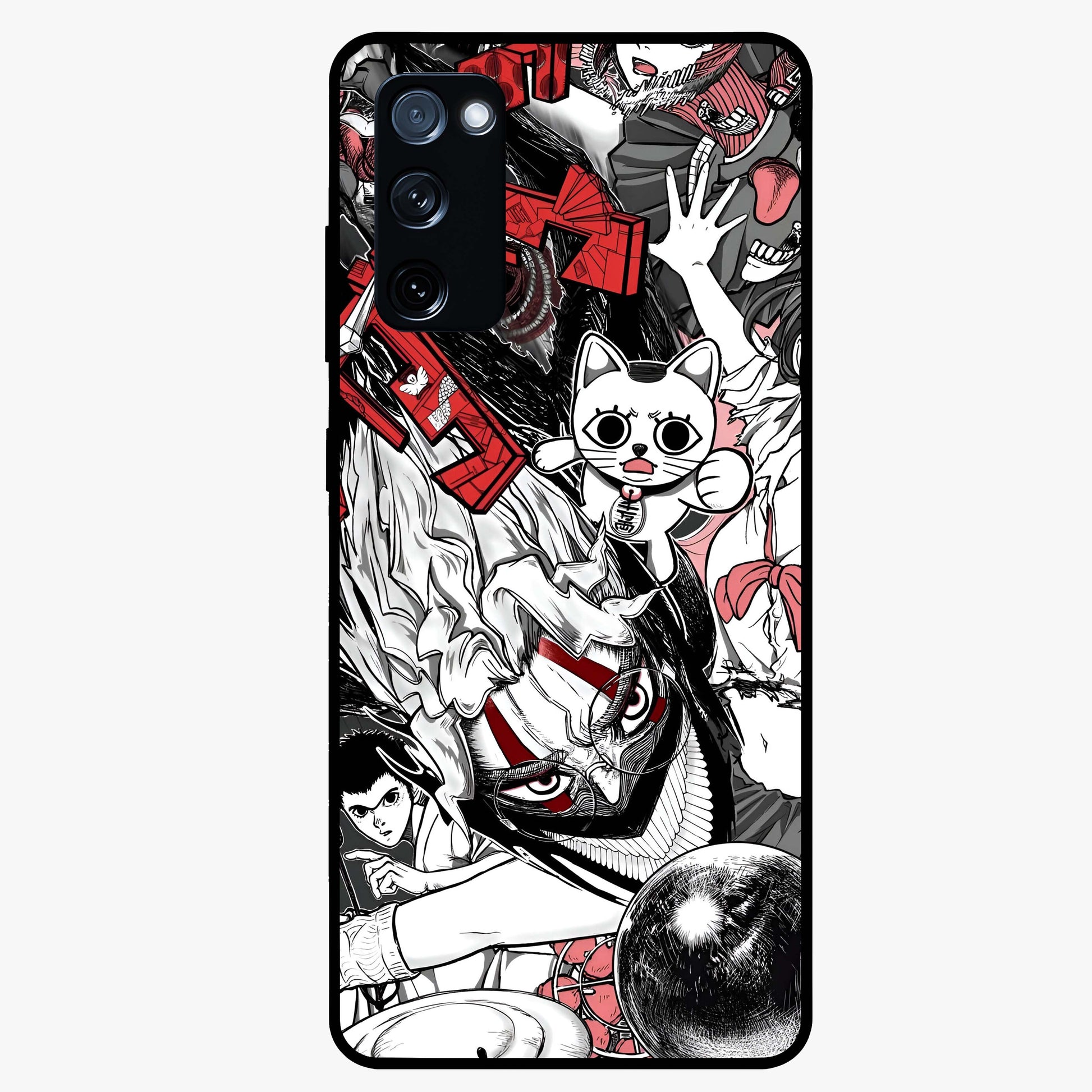 Crimson Chaos Panel Glass Case showing flat back view with bold crimson abstract artwork and glossy glass finish.