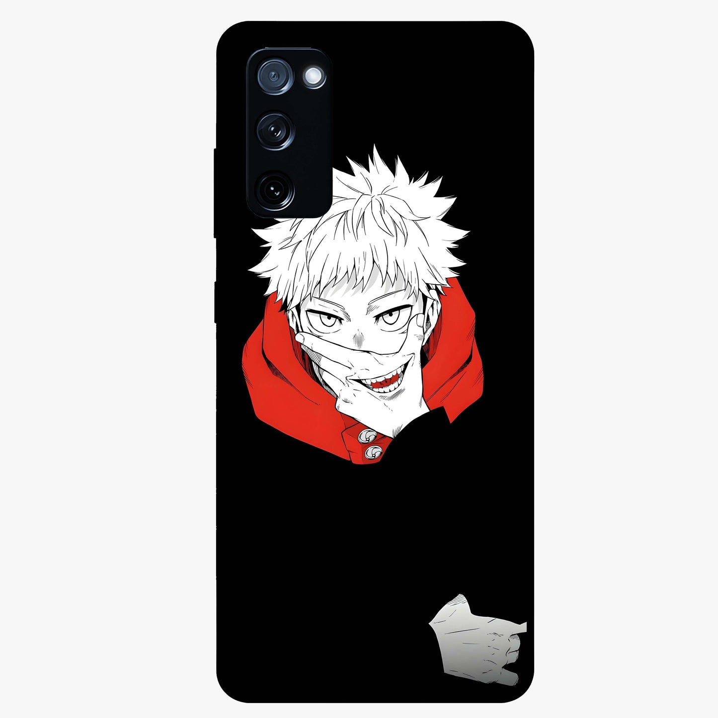 Crimson Chaos Smile Glass Case showing flat back view with bold chaotic smile artwork and glossy glass finish.