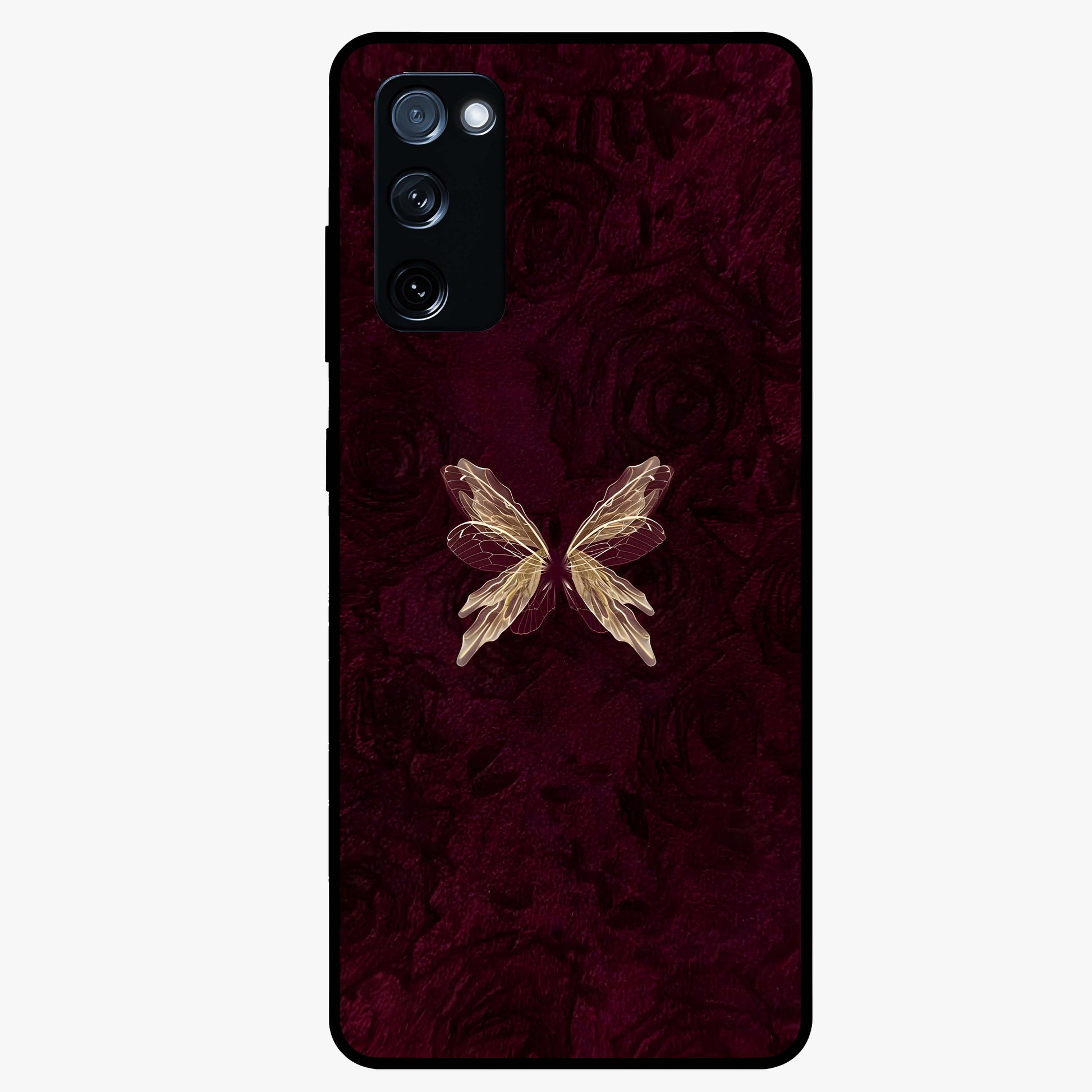 Crimson Fade Butterfly Glass Case showing flat back view with fading butterfly artwork and glossy glass finish.