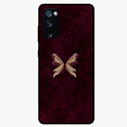 Crimson Fade Butterfly Glass Case showing flat back view with fading butterfly artwork and glossy glass finish.