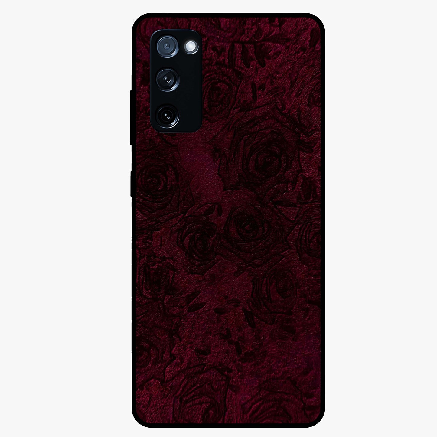 Crimson Fade Flow Glass Case showing flat back view with flowing crimson gradient artwork and glossy glass finish.