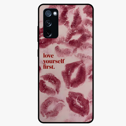 Crimson Kiss Love Glass Case showing flat back view with romantic crimson themed artwork and glossy glass finish.