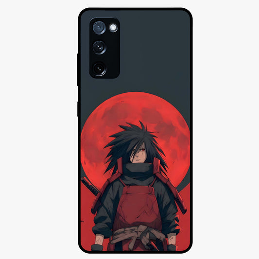 Crimson Moon Warlord Glass Case showing flat back view with mystical moon warrior artwork and glossy glass finish.
