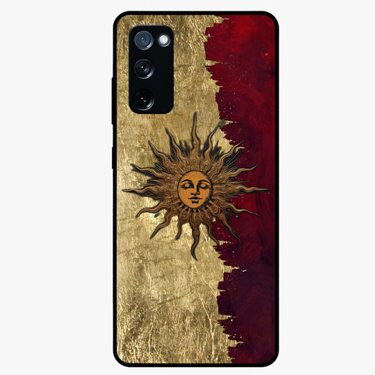 Crimson Sun Majesty Glass Case showing flat back view with radiant sun inspired artwork and glossy glass finish.