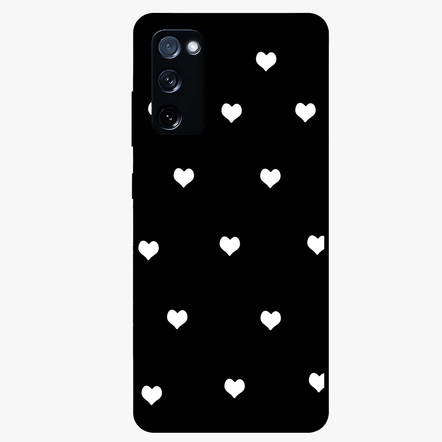 Cute And Simple White Hearts Glass Case showing flat back view with minimal white heart pattern and glossy glass finish.