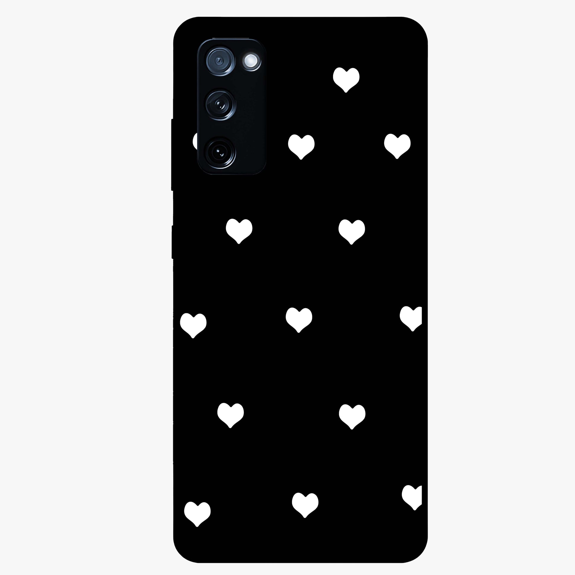 Cute And Simple White Hearts Glass Case showing flat back view with minimal white heart pattern and glossy glass finish.