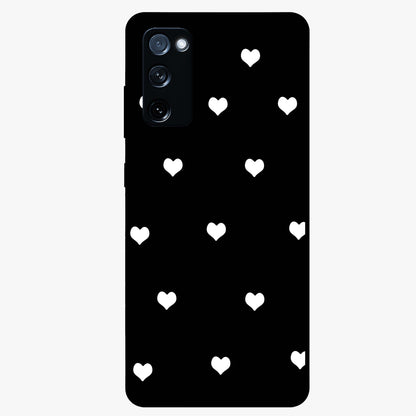 Cute And Simple White Hearts Glass Case showing flat back view with minimal white heart pattern and glossy glass finish.