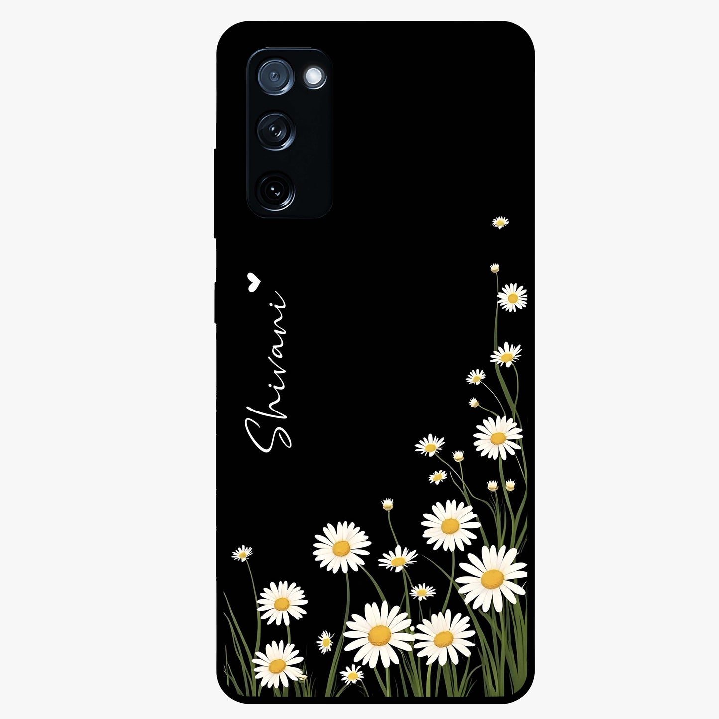 Daisy Cascade Custom Name Glass Case showing flat back view with cascading daisy flowers and personalized name design.