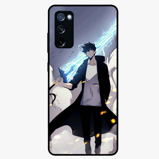 Dark Lightning Anime Warrior Glass Case showing flat back view with intense anime warrior artwork and glossy glass finish.