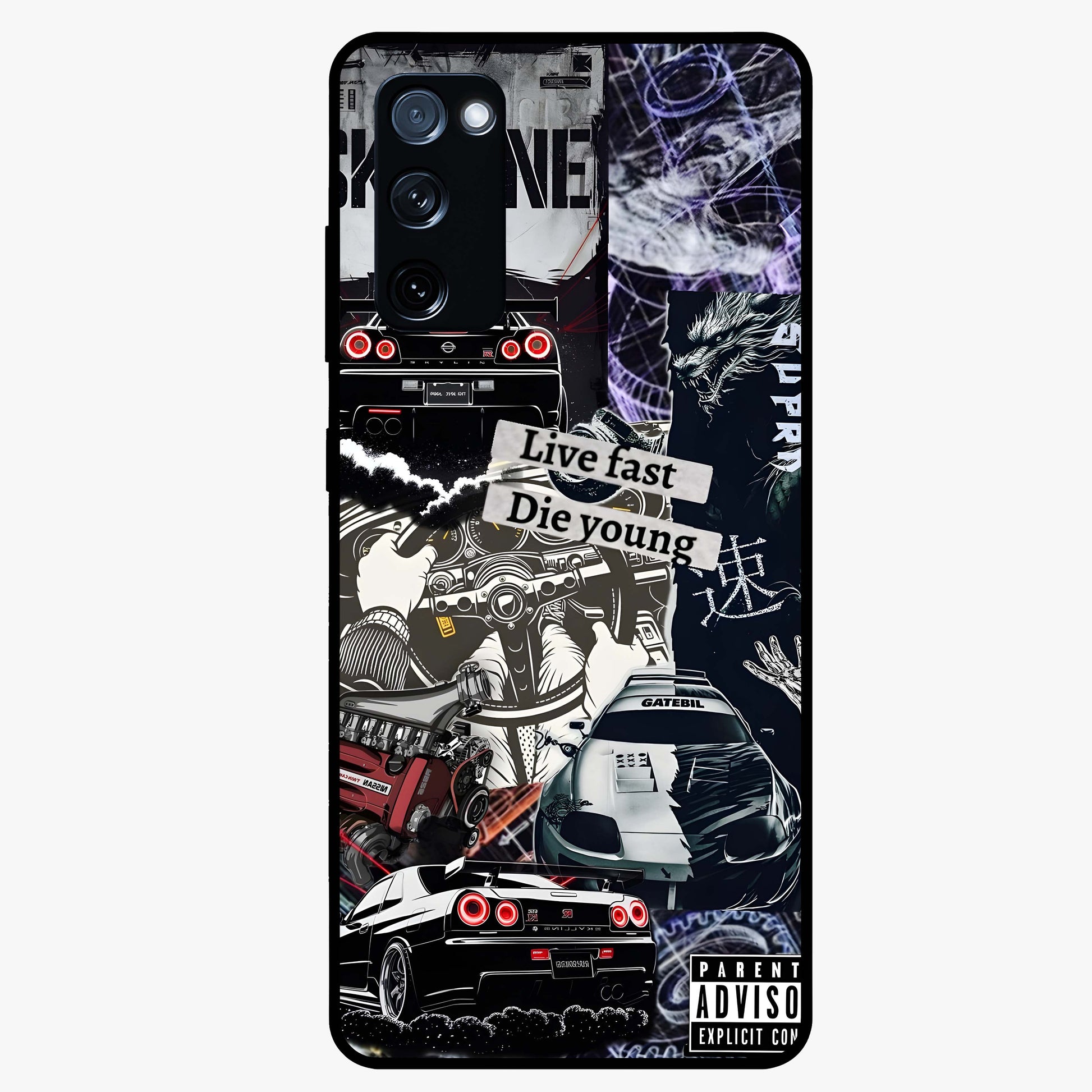 Die Young Glass Case showing flat back view with bold artistic typography design and glossy glass finish.