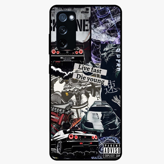 Die Young Glass Case showing flat back view with bold artistic typography design and glossy glass finish.