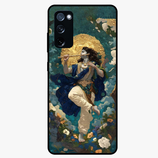 Divine Krishna Art Glass Case showing flat back view with Lord Krishna artwork and glossy glass finish.