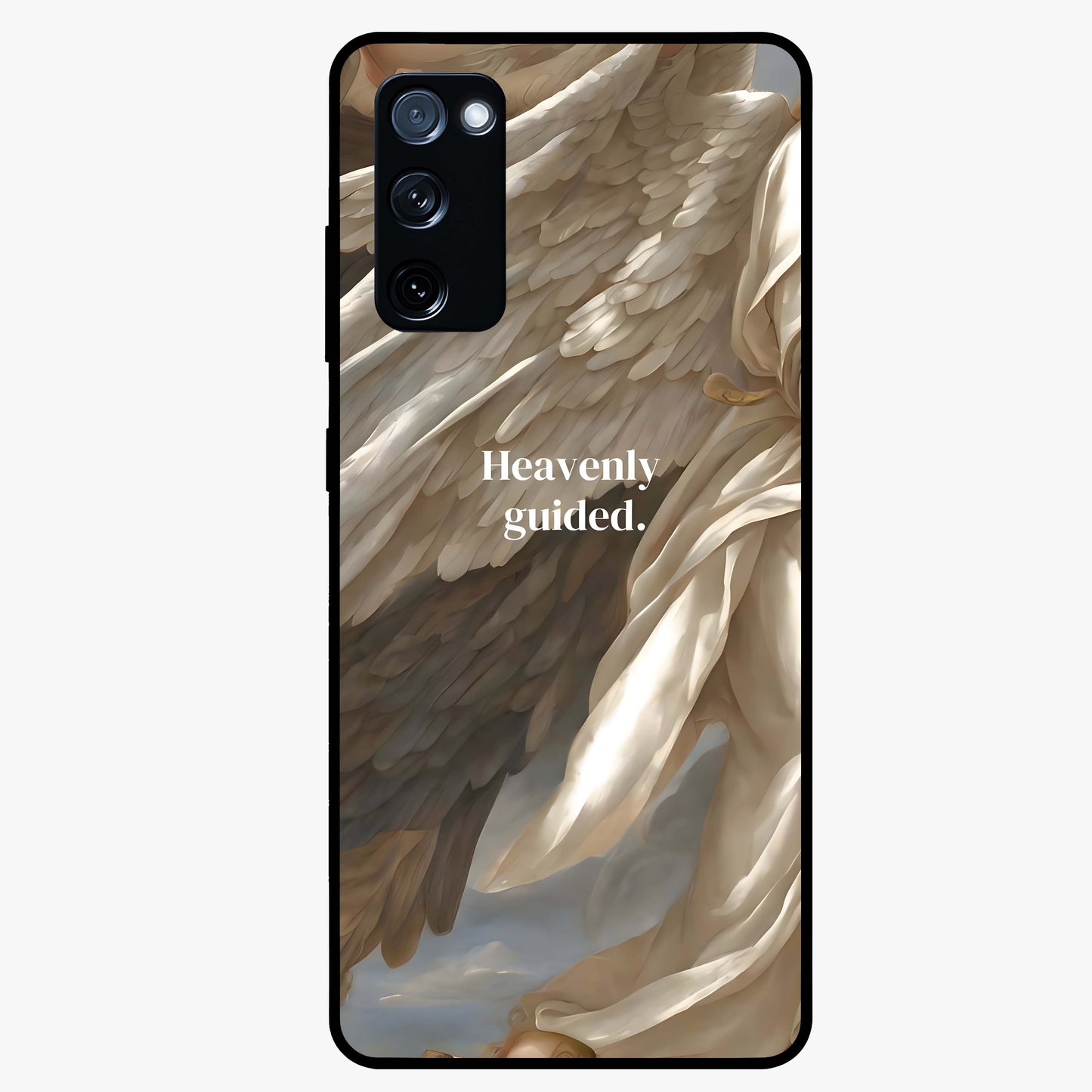 Divine Winged Grace Glass Case showing flat back view with elegant wing inspired artwork and glossy glass finish.