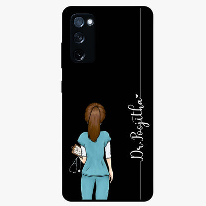 Doctor Pattern Custom Name Glass Case showing flat back view with medical themed pattern and personalized name design.