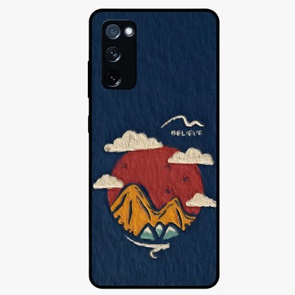 Dream Beyond Mountains Glass Case showing flat back view with scenic mountain landscape artwork and glossy glass finish.